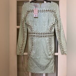 House of CB Peyton mint jacquard long sleeve body con dress. Small.